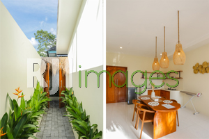 Area lorong masuk bernuansa hijau dan Table set kayu bernuansa natural area dinn