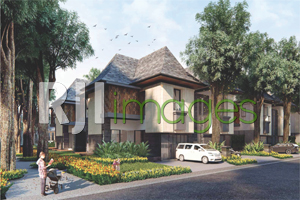 Perspektif deretan rumah berkonsep tropis Hyarta Ecovillage