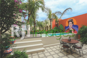 Swimming pool area berkonsep outdoor dengan nuansa tropis