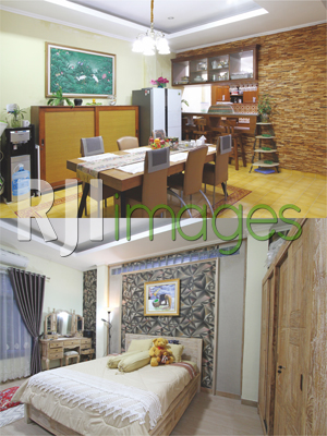 Area ruang makan dengan dapur mini bar & Kamar tidur utama bernuansa elegan