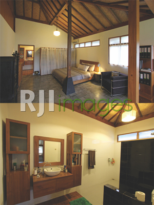 Kamar tidur utama Rima Balestra dan Aksen kayu dalam kamar mandi utama