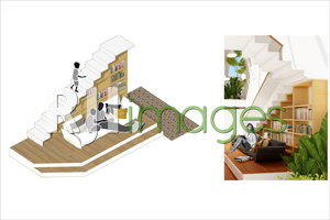 Penggunaan area tangga dengan menempatkan rak buku yang didesain khusus