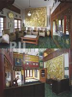 Ornamen ukiran klasik di ruang tamu utama & Area ruang keluarga dengan hiasan pe